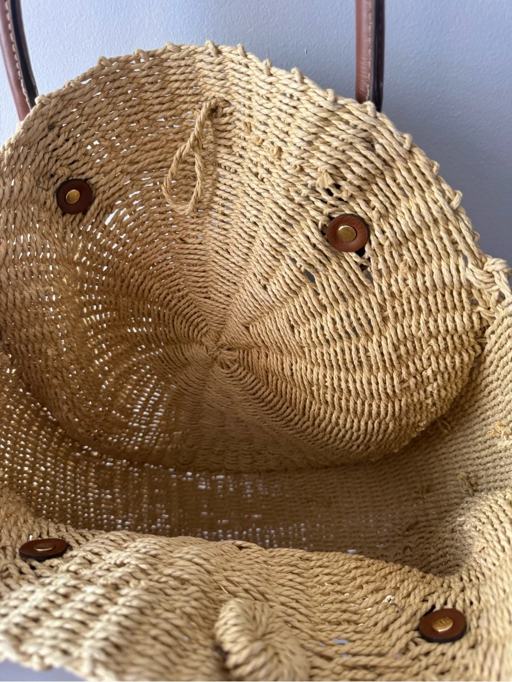 Woven Round Straw Tote Bag with Brown Leather Handles